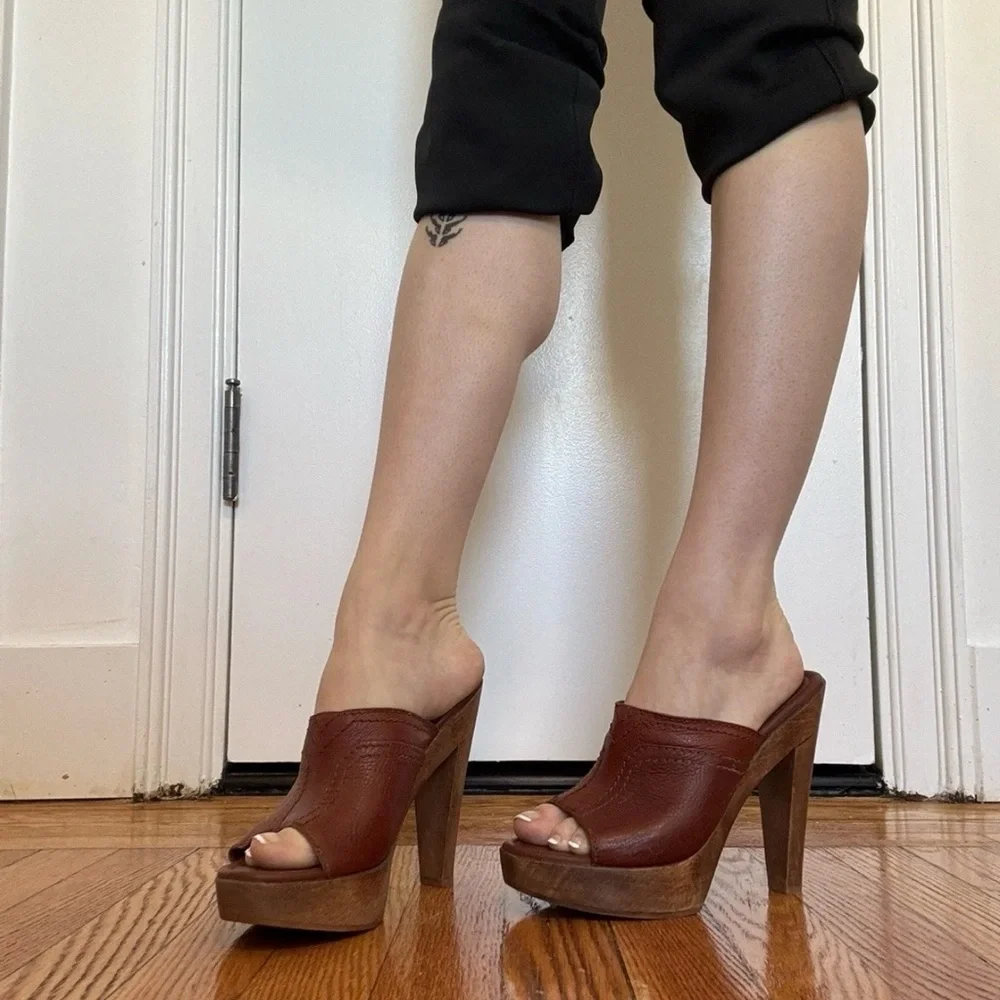 Authentic YSL Brown Leather Wooden Platform Heeled Slide size 36 - Picture 2 of 3